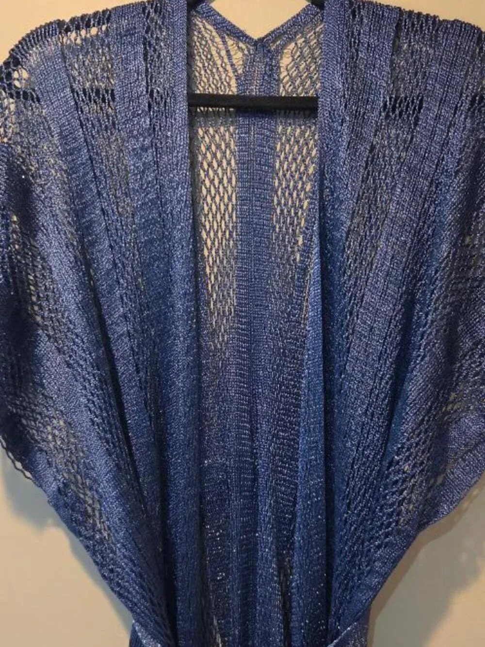 Metallic Blue Open Knit Mesh Kimono Cardigan Duster Cover-up